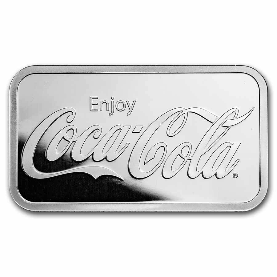 Coca-Cola 5 oz Silver Struck Bar: Coca-Cola 5 oz Silver Struck Bar Product ID: 272452 Grade: None Grade Service: None Mint Mark: N/A - Not Available Metal Content: 5 troy oz Purity: .999 Thickness: 7.4 mm Diamete