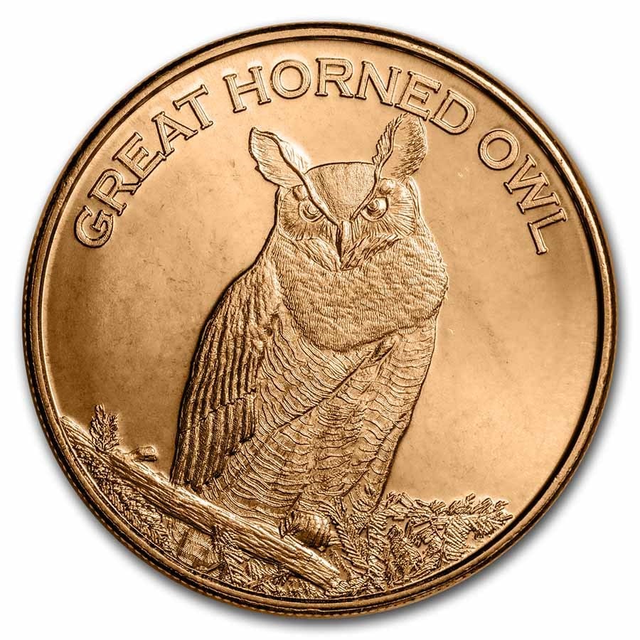 1 oz Copper Round - Great Horned Owl: 1 oz Copper Round - Great Horned Owl Product ID: 235503 Year: N/A Grade: None Grade Service: None Mint Mark: None Metal Content: 1 AVDP oz Purity: .999 Thickness: 3.3 mm