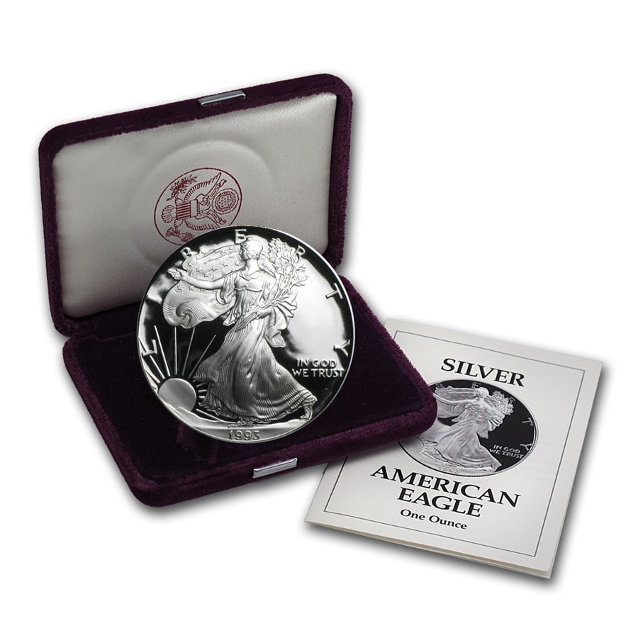 1993-P 1 oz Proof American Silver Eagle (w/Box & COA): 1993-P 1 oz Proof American Silver Eagle (w/Box & COA) Product ID: 1073 Year: 1993 Grade: Proof Grade Service: None Denomination: $1.00 Mint Mark: P - Philadelphia Metal Content: 1 troy oz