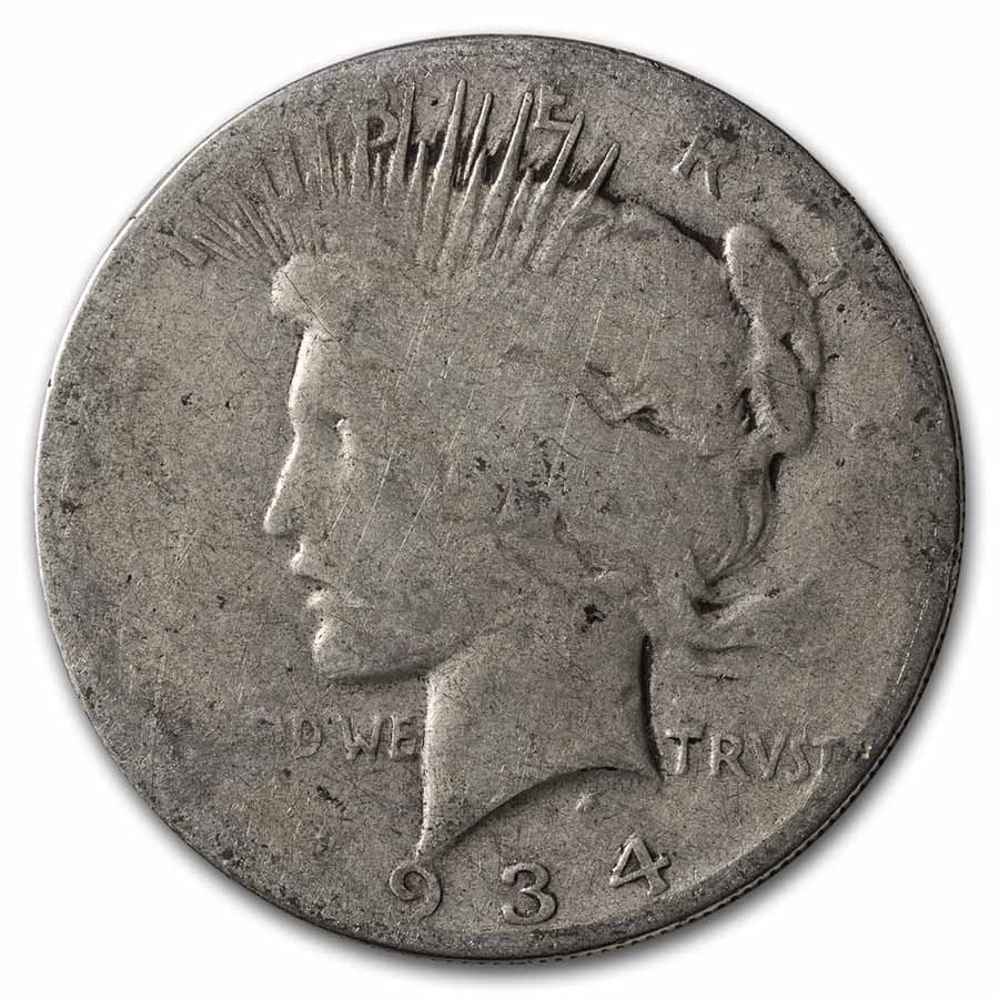 1934 Peace Dollar Cull: 1934 Peace Dollar Cull Product ID: 232803 Year: 1934 Grade: Cull Grade Service: None Denomination: $1.00 Mint Mark: P - Philadelphia (Not Shown) Metal Content: 0.7734 troy oz Pur