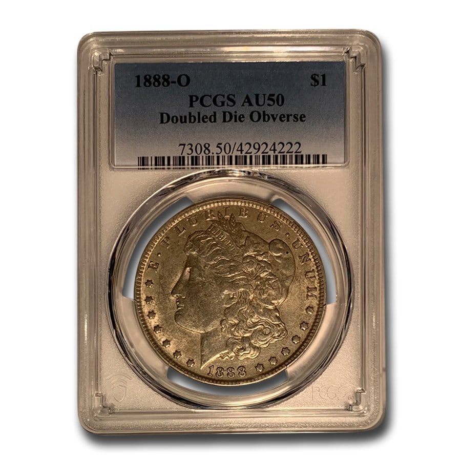 1888-O Morgan Dollar AU-50 PCGS (Doubled Die Obverse): 1888-O Morgan Dollar AU-50 PCGS (Doubled Die Obverse) Product ID: 204320 Year: 1888 Grade: Almost Unc - 50 Grade Service: PCGS Denomination: 1 Dollar Mint Mark: O - New Orleans Metal Cont