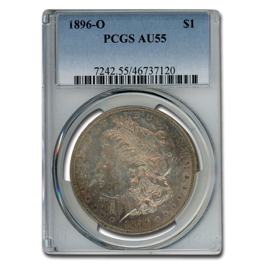 1896-O Morgan Dollar AU-55 PCGS: 1896-O Morgan Dollar AU-55 PCGS Product ID: 23608 Year: 1896 Grade Service: PCGS Denomination: $1.00 Metal Content: 0.7734 troy oz Purity: .900 Thickness: 3.1 mm Diameter: 38.1 m