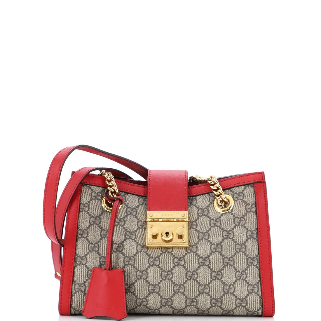 Gucci Padlock Chain Tote GG Coated Canvas Small: Gucci Padlock Chain Tote GG Coated Canvas Small Exterior Color: Brown, Red Interior Color: Neutral Exterior Material: Leather Interior Material: Microfiber Hardware Color: Gold Accessories: Cloche