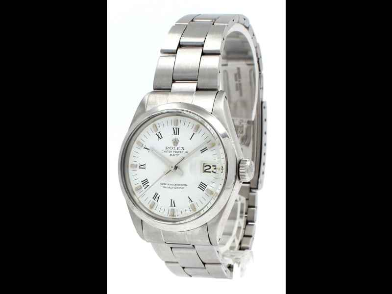 Men VINTAGE Rolex Oyster Perpetual Date Stainless Steel White Roman Buckley 34mm: Men VINTAGE Rolex Oyster Perpetual Date Stainless Steel White Roman Buckley 34mm Item Specifics: Band Color: Silver Band Material: Stainless Steel Band Width: 19 mm Band/Strap: Two-Piece Strap Bez