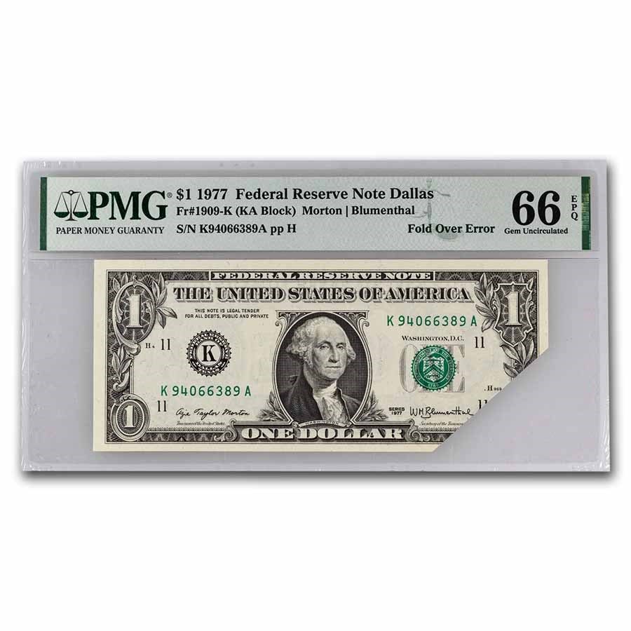 1977 (K-Dallas) $1 FRN CU-66 EPQ PMG (Fr#1909-K) Fold Over: 1977 (K-Dallas) $1 FRN CU-66 EPQ PMG (Fr#1909-K) Fold Over Product ID: 249821 Year: 1977 Grade: (PMG) Gem Unc - 66 Grade Service: PMG Denomination: $1.00 Dollar Mint Mark: K - Dallas Meta