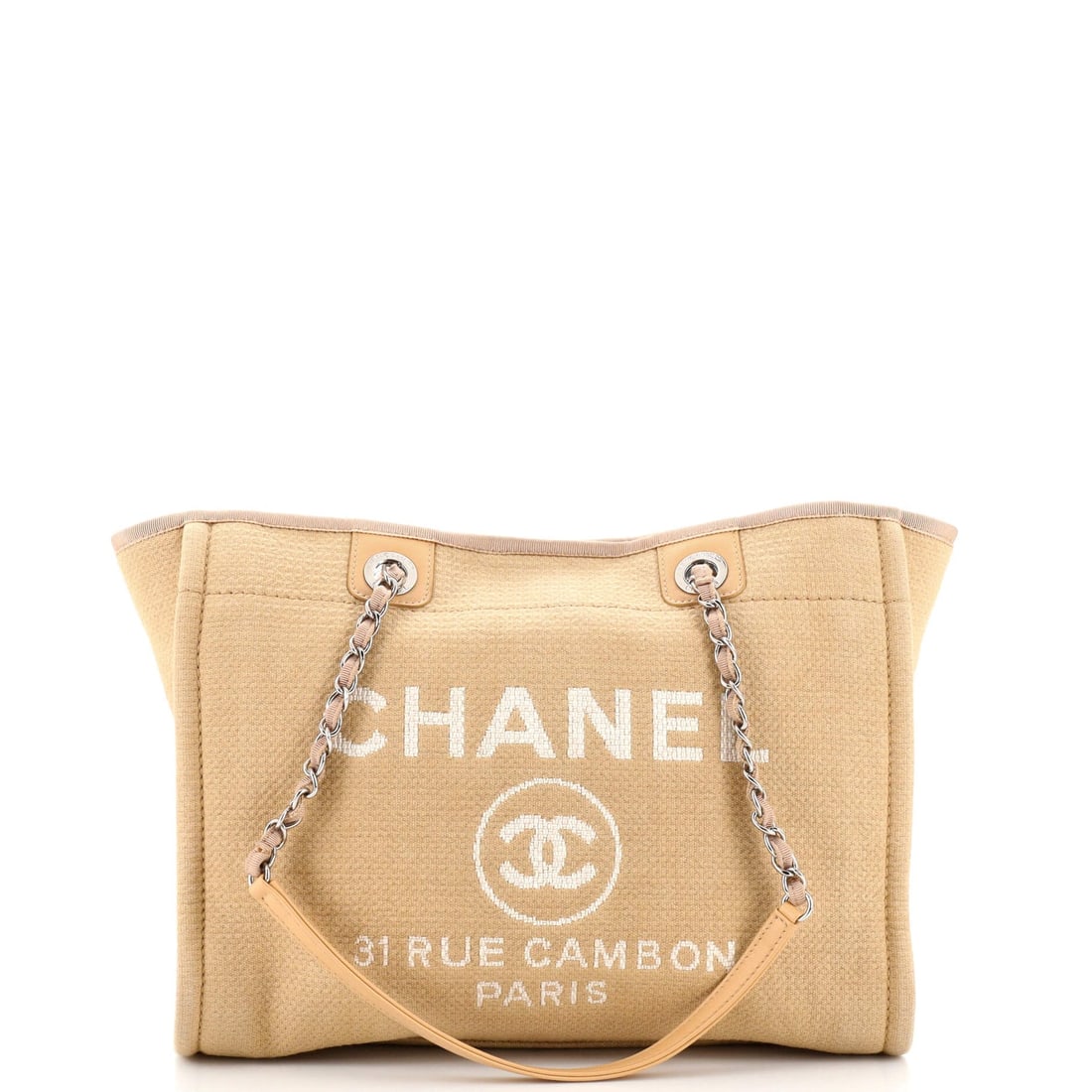 Chanel Deauville NM Chain Handle Tote Mixed Fibers Small: Chanel Deauville NM Chain Handle Tote Mixed Fibers Small Exterior Color: Neutral Interior Color: Neutral Exterior Material: Canvas Plain Interior Material: Fabric Hardware Color: Silver Accessorie