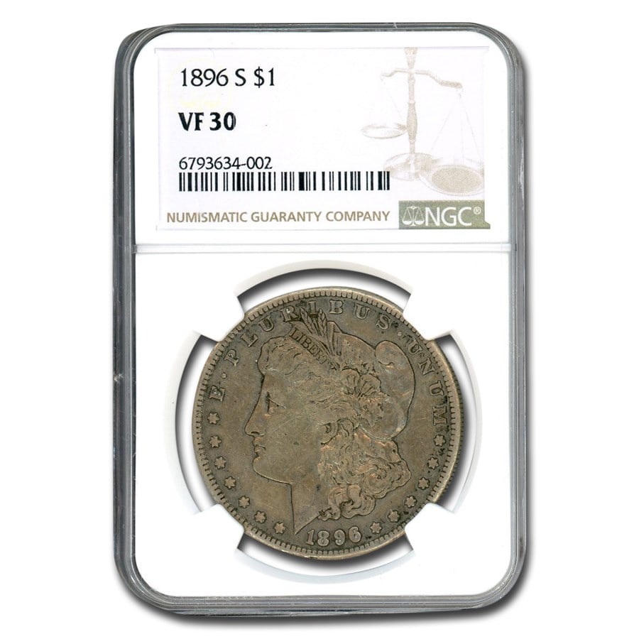 1896-S Morgan Dollar VF-30 NGC: 1896-S Morgan Dollar VF-30 NGC Product ID: 280321 Year: 1896 Grade Service: NGC Denomination: 1 Dollar Metal Content: 0.7734 troy oz Purity: .900 Diameter: 38.1 mm