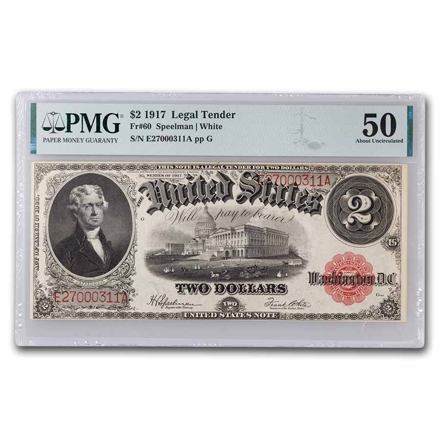 1917 $2.00 Legal Tender AU-50 PMG (Fr#60): 1917 $2.00 Legal Tender AU-50 PMG (Fr#60) Product ID: 277034 Year: 1917 Grade: Almost Unc - 50 Grade Service: PMG Denomination: 2 Dollars Mint Mark: N/A - Not Available Metal Content: 0 t