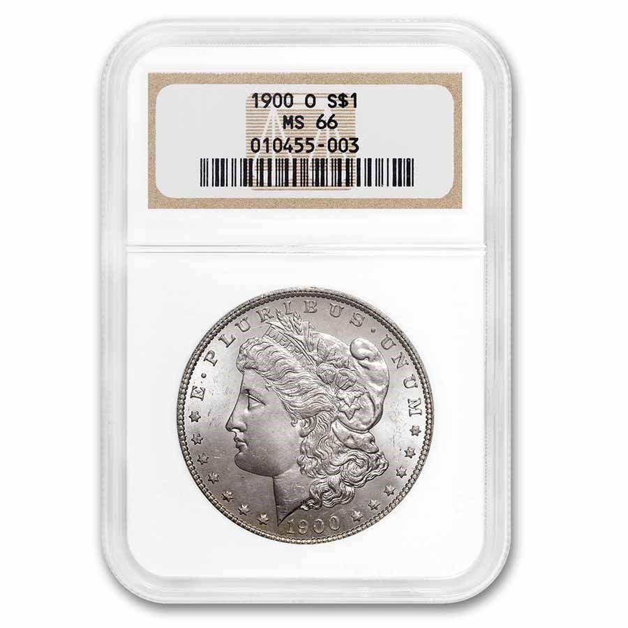 1900-O Morgan Dollar MS-66 NGC: 1900-O Morgan Dollar MS-66 NGC Product ID: 22561 Year: 1900 Grade Service: NGC Denomination: $1.00 Metal Content: 0.7734 troy oz Purity: .900 Thickness: 3.1 mm Diameter: 38.1 mm