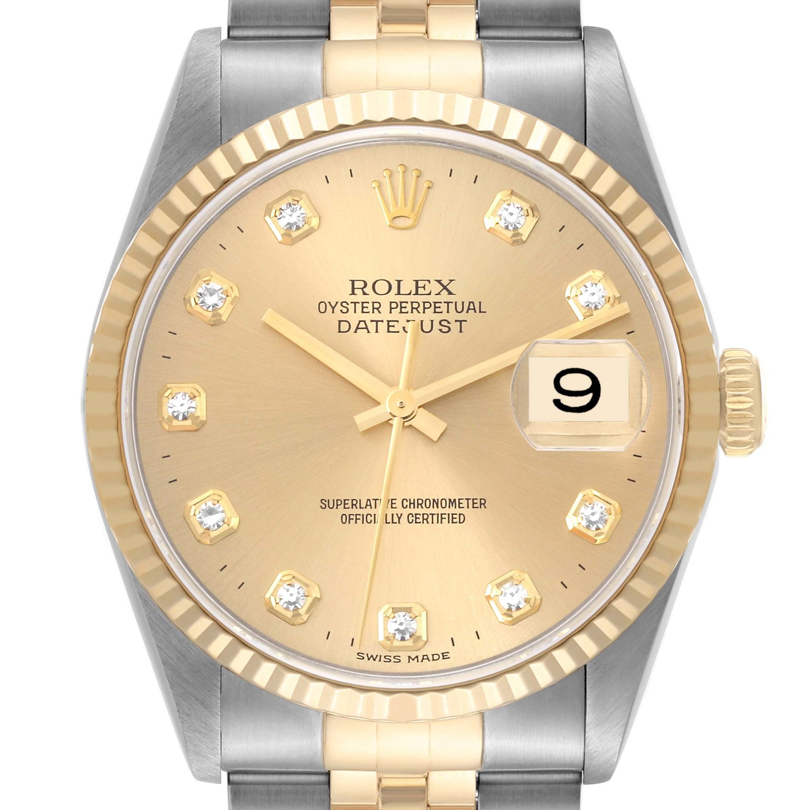 Rolex Datejust Stainless Steel Yellow Gold Mens Watch: Rolex Datejust Stainless Steel Yellow Gold Mens Watch 16233 Officially certified chronometer automatic self-winding movement Stainless steel case 36 mm in diameter Rolex logo on an 18K yellow gold cro