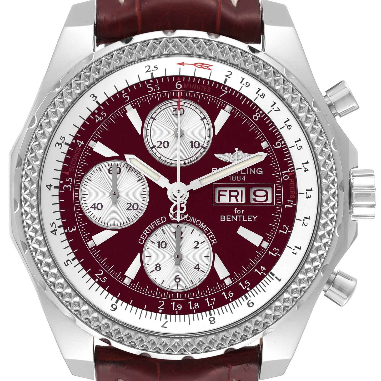 Breitling Bentley Motors GT Burgundy Dial Steel Mens Watch: Breitling Bentley Motors GT Burgundy Dial Steel Mens Watch A13362 Self-winding automatic officially certified chronometer movement Chronograph function Stainless steel case 44.8 mm in diameter Stainle