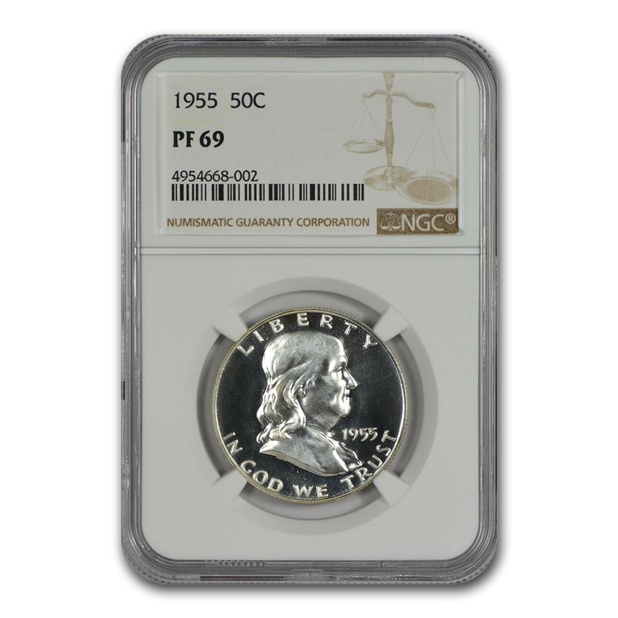 1955 Franklin Half Dollar PF-69 NGC: 1955 Franklin Half Dollar PF-69 NGC Product ID: 192853 Year: 1955 Grade Service: NGC Denomination: $0.50 Metal Content: 0.3617 troy oz Purity: .900 Thickness: 2.15 mm Diameter: 3