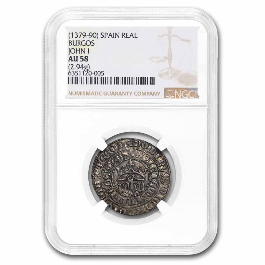 (1379-1390) Spain Burgos Silver Real John I AU-58 NGC: (1379-1390) Spain Burgos Silver Real John I AU-58 NGC Product ID: 284916 Year: 1379-1390 Grade Service: NGC Denomination: AR Real Metal Content: 0.12 troy oz Thickness: 1 mm Diameter: 26