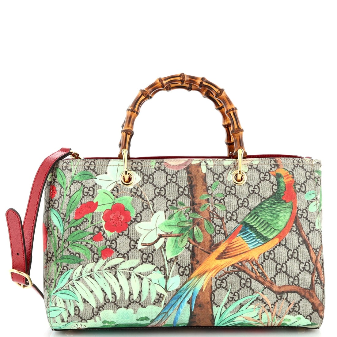 Gucci Bamboo Shopper Tote Tian Print GG Coated Canvas Medium: Gucci Bamboo Shopper Tote Tian Print GG Coated Canvas Medium Exterior Color: Brown, Print Interior Color: Brown Exterior Material: Canvas Coated Interior Material: Microfiber Hardware Color: Gold