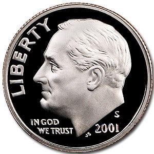 2001-S Roosevelt Dime Gem Proof: 2001-S Roosevelt Dime Gem Proof Product ID: 8712 Year: 2001 Grade: Gem Proof Grade Service: None Denomination: 10 Cents Mint Mark: S - San Francisco Metal Content: 0 troy oz Puri