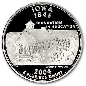 2004-S Iowa State Quarter Gem Proof (Silver): 2004-S Iowa State Quarter Gem Proof (Silver) Product ID: 48066 Year: 2004 Grade: Gem Proof Grade Service: None Denomination: 25 Cents Mint Mark: S - San Francisco Metal Content: 0.1808 tr