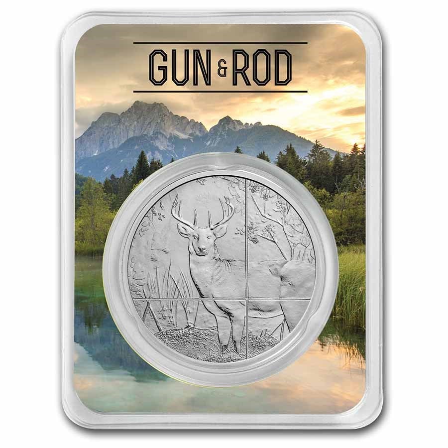 1 oz Silver Round - Gun & Rod (Deer) w/ TEP: 1 oz Silver Round - Gun & Rod (Deer) w/ TEP Product ID: 262795 Grade: None Grade Service: None Mint Mark: N/A - Not Available Metal Content: 1 troy oz Purity: .999 Thickness: 3.2 mm <