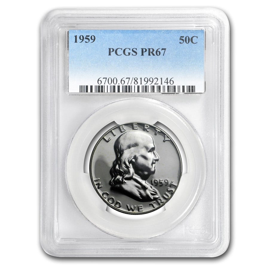 1959 Franklin Half Dollar PR-67 PCGS: 1959 Franklin Half Dollar PR-67 PCGS Product ID: 150935 Year: 1959 Grade: Proof - 67 Grade Service: PCGS Denomination: $0.50 Mint Mark: P - Philadelphia (Not Shown) Metal Content: 0.3617