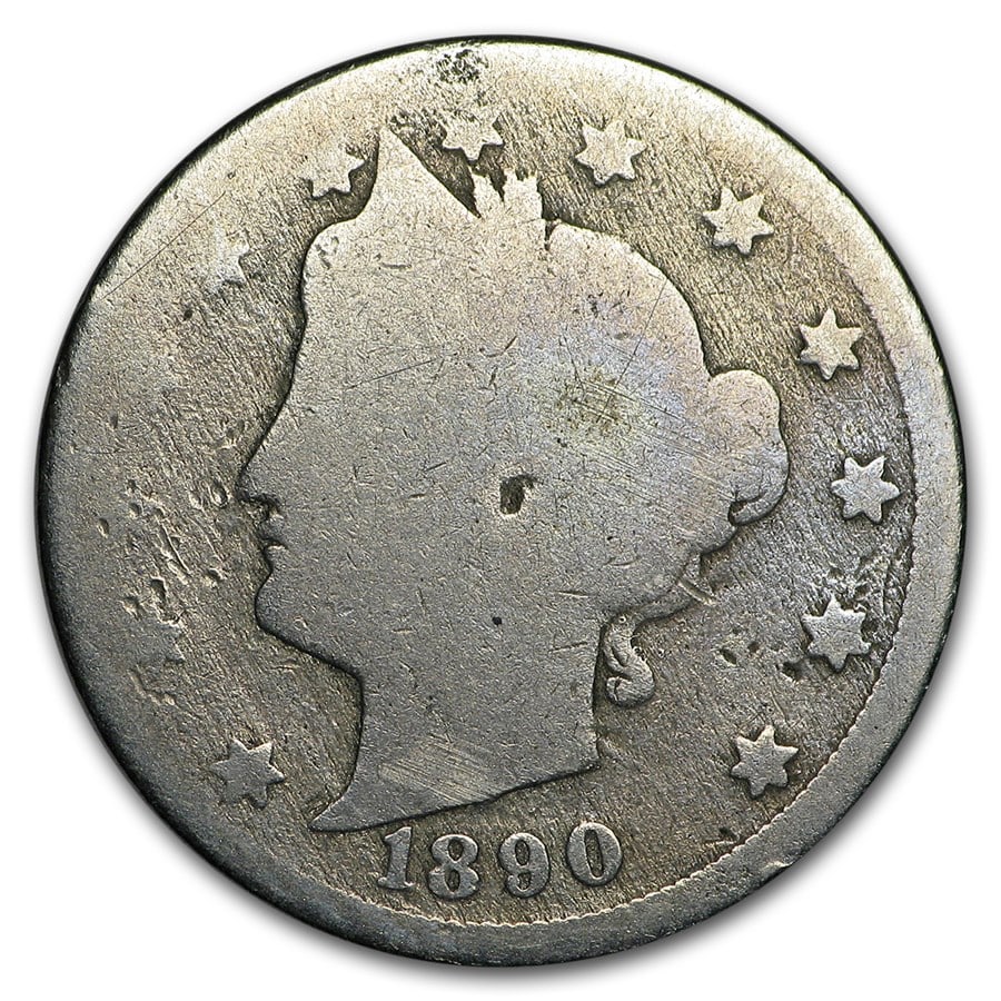 1890 Liberty Head V Nickel AG: 1890 Liberty Head V Nickel AG Product ID: 9912 Year: 1890 Grade: Almost Good Grade Service: None Denomination: $0.05 Mint Mark: P - Philadelphia (Not Shown) Metal Content: 0 troy oz <