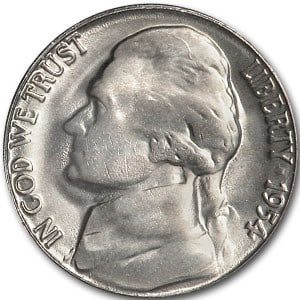1954 Jefferson Nickel BU: 1954 Jefferson Nickel BU Product ID: 6438 Year: 1954 Grade: Brilliant Unc Grade Service: None Denomination: 5 Cents Mint Mark: P - Philadelphia (Not Shown) Metal Content: 0 troy oz