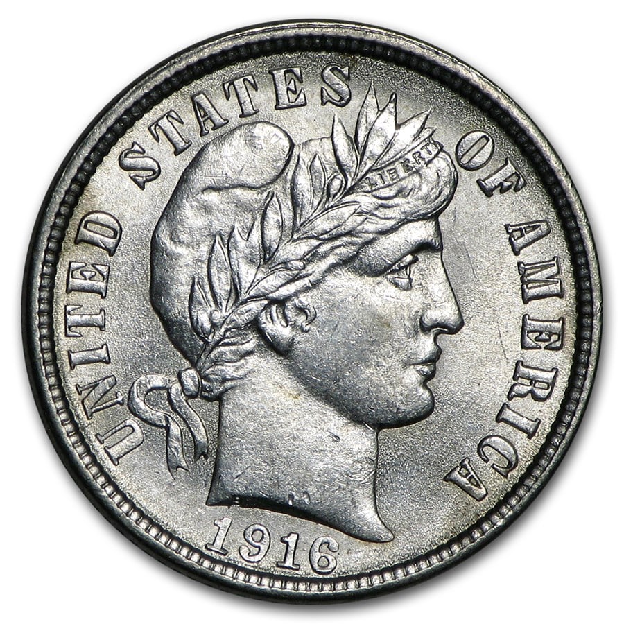 1916 Barber Dime BU: 1916 Barber Dime BU Product ID: 42382 Year: 1916 Grade: Brilliant Unc Grade Service: None Denomination: $0.10 Mint Mark: P - Philadelphia (Not Shown) Metal Content: 0.0715 troy oz