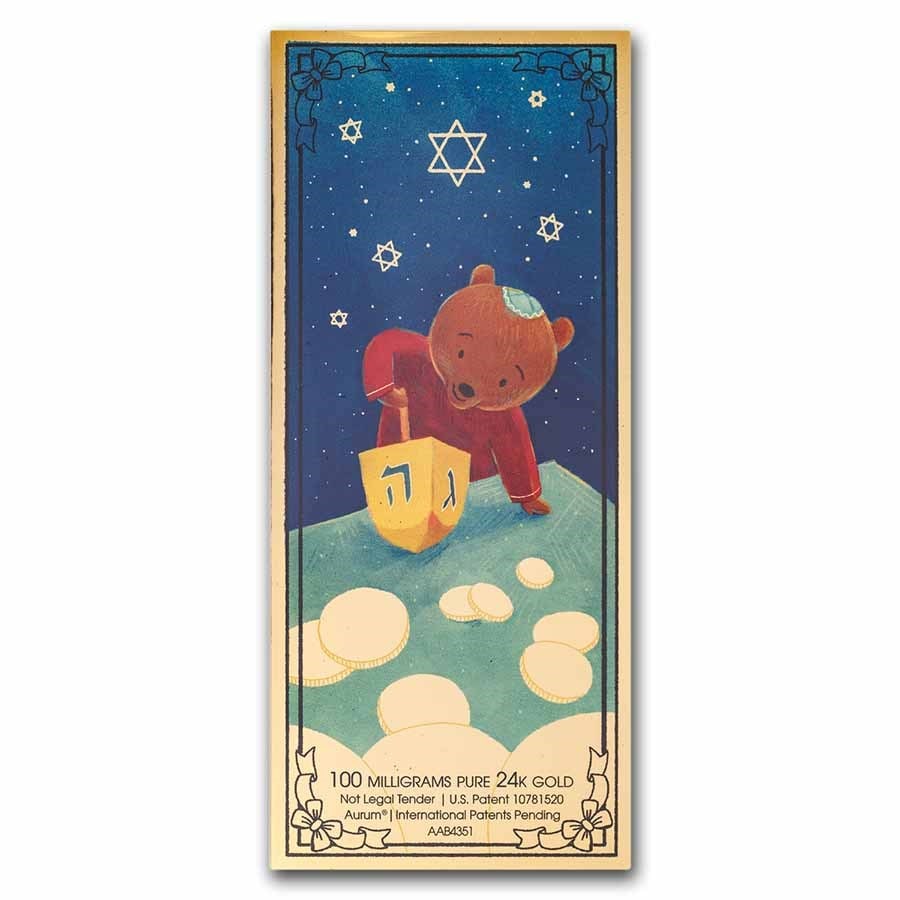 1/10 gram Gold Aurum Note - Little Bear Hanukkah, 24K: 1/10 gram Gold Aurum Note - Little Bear Hanukkah, 24K Product ID: 261970 Grade: None Grade Service: None Mint Mark: N/A - Not Available Metal Content: 0.0032 troy oz Purity: .999 Thicknes