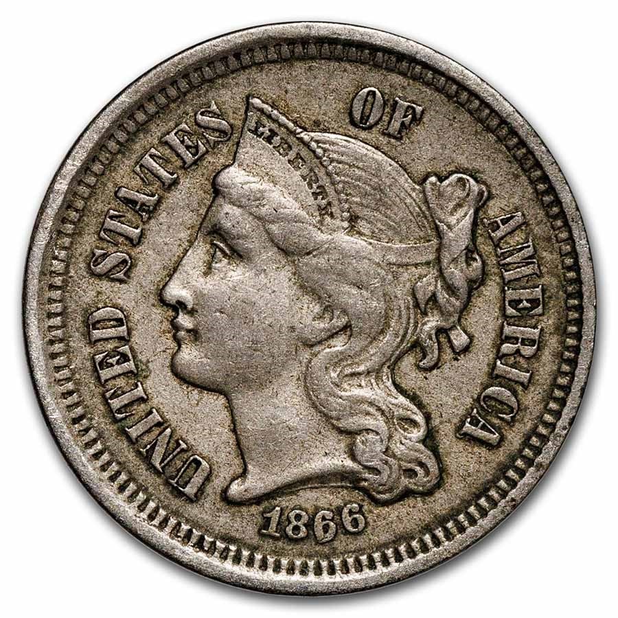 1866 3 Cent Nickel XF: 1866 3 Cent Nickel XF Product ID: 1765 Year: 1866 Grade: Extra Fine Grade Service: None Denomination: 3 Cents Mint Mark: P - Philadelphia (Not Shown) Metal Content: 0 troy oz Pur
