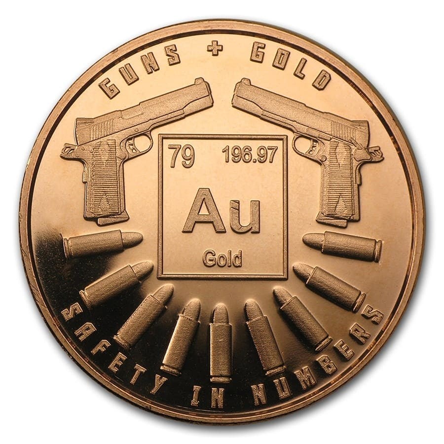 1 oz Copper Round - Guns and Gold: 1 oz Copper Round - Guns and Gold Product ID: 87362 Year: N/A Grade: None Grade Service: None Mint Mark: None Metal Content: 1 AVDP oz Purity: .999 Thickness: 3.3 mm Dia