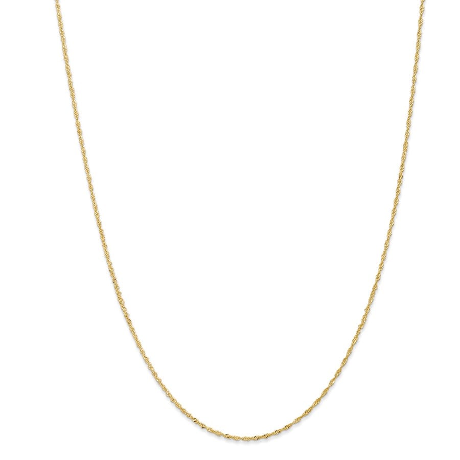 14k Gold 1.10 mm Singapore Chain Necklace - 24 in.: 14k Gold 1.10 mm Singapore Chain Necklace - 24 in. Product Id: 165201 Metal: Gold Purity: 14k Length Of Item: 24 in Chain Type: Singapore Chain Length: 24 in Chain Width: 1.1 mm