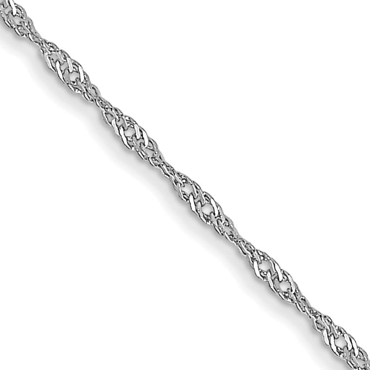 10K White Gold 1mm Carded Singapore Chain - 24 in.: 10K White Gold 1mm Carded Singapore Chain - 24 in. Product Id: 264690 Metal: Gold Purity: 10K Finish: Polished Length Of Item: 24 in Chain Type: Singapore Chain Length: 24 in Cha