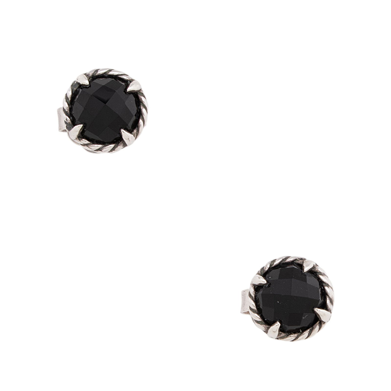David Yurman Sterling Silver Onyx Petite Chatelaine Stud Earrings: David Yurman Sterling Silver Onyx Petite Chatelaine Stud Earrings Condition Quality: Light surface scratches throughout. Width: .25" Diameter: .25" Type of Material: Sterling Silver, Onyx Color: Silve