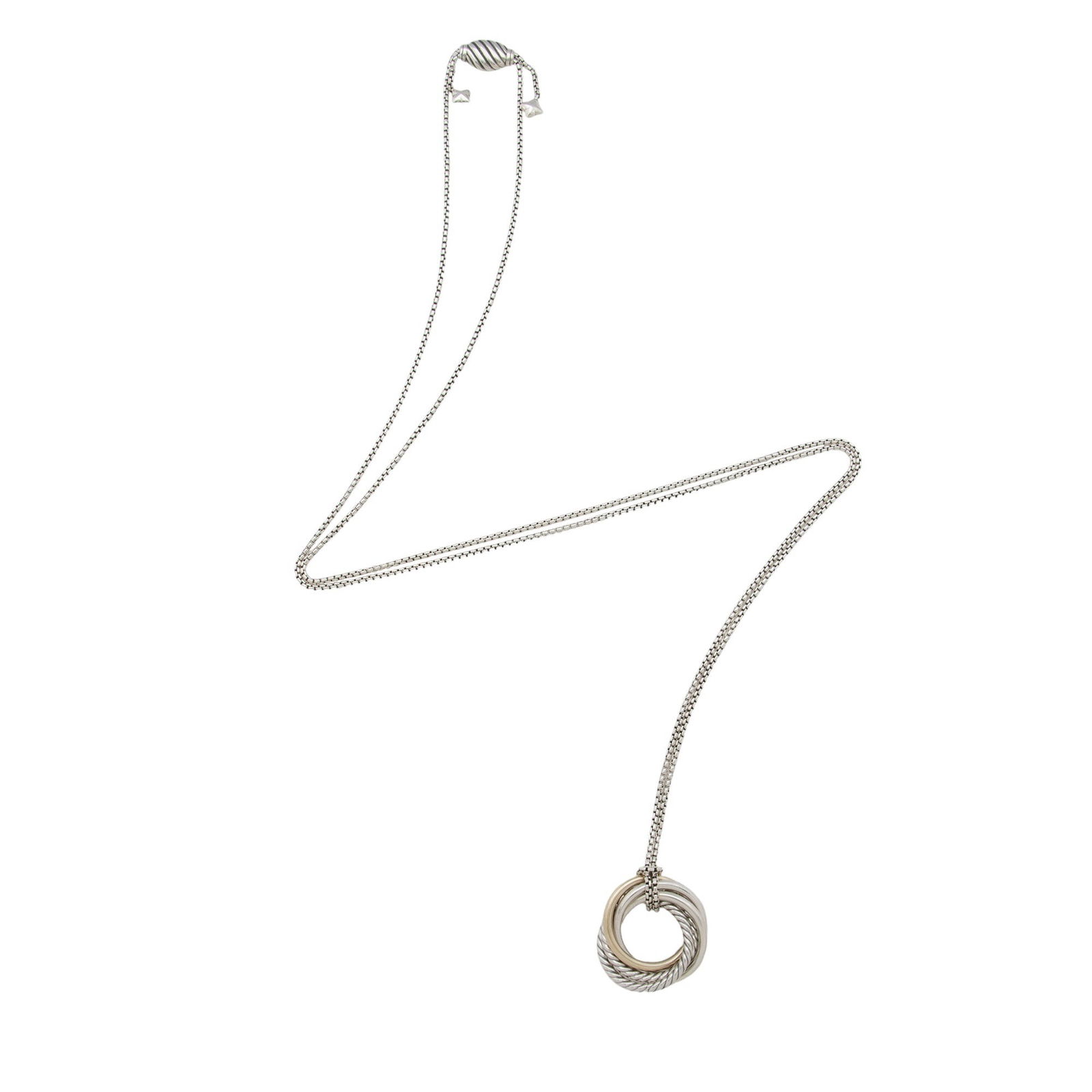 David Yurman Sterling Silver 14k Gold Crossover Pendant Necklace: David Yurman Sterling Silver 14k Gold Crossover Pendant Necklace Condition Quality: Light surface scratches throughout. Width: .125" Pendant Drop: 1.25" Diameter: Adjustable, 5" - 8" Type of Material: