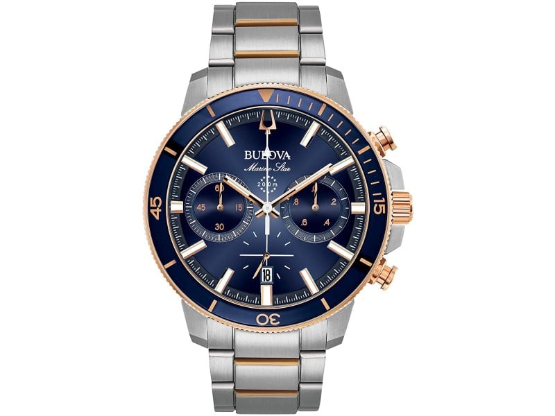 Bulova mens Marine Star: Bulova mens Marine Star Stainless steel case, Stainless steel bracelet, Blue dial, Quartz movement, Scratch resistant sapphire, Water resistant up to 20 ATM - 200 Meters - 660 Feet Product Code: 98B30