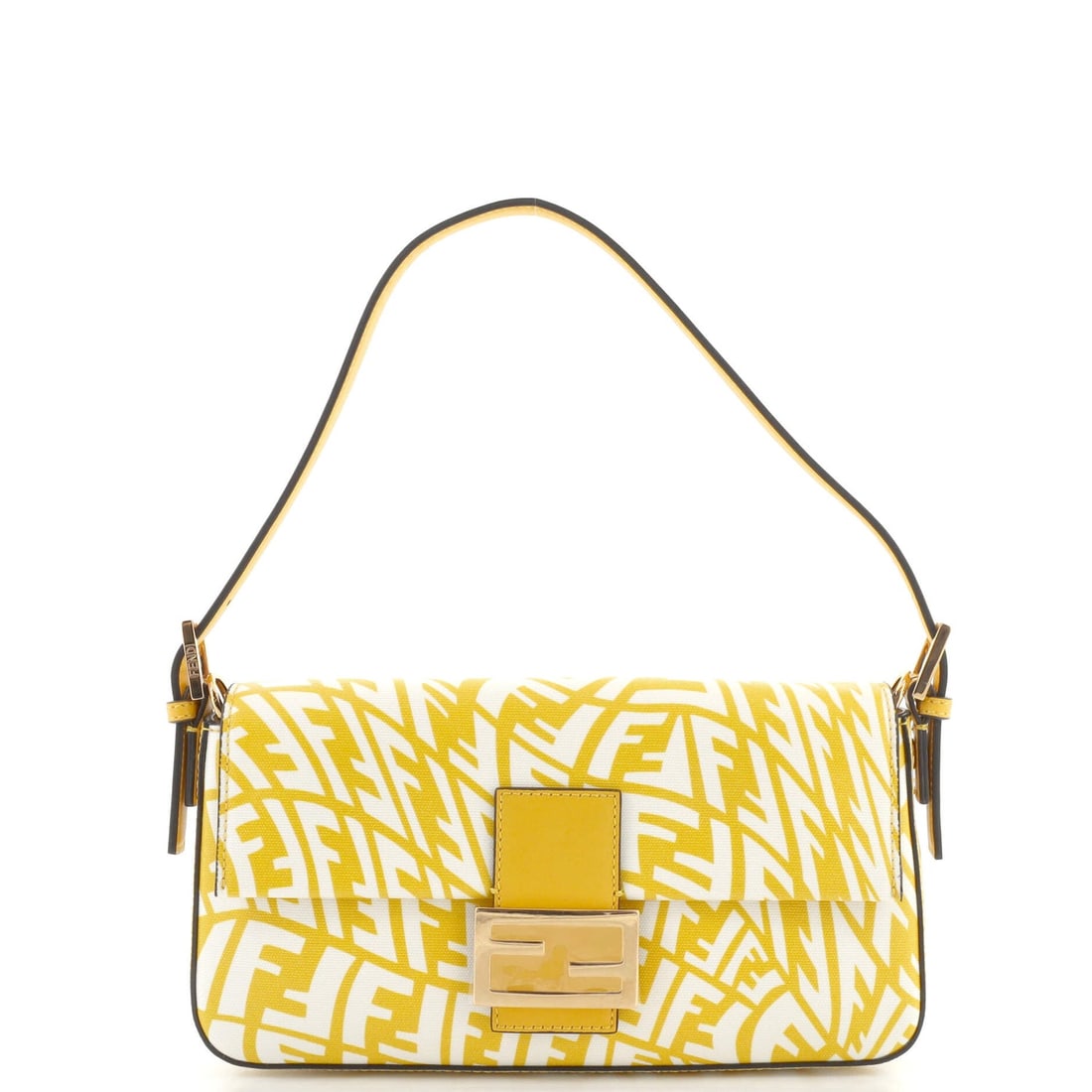 Fendi Baguette 1997 Bag Vertigo Zucca Coated Canvas: Fendi Baguette 1997 Bag Vertigo Zucca Coated Canvas Exterior Color: Yellow Interior Color: Pink Exterior Material: Canvas Coated Interior Material: Satin Hardware Color: Gold Accessories: No Acces