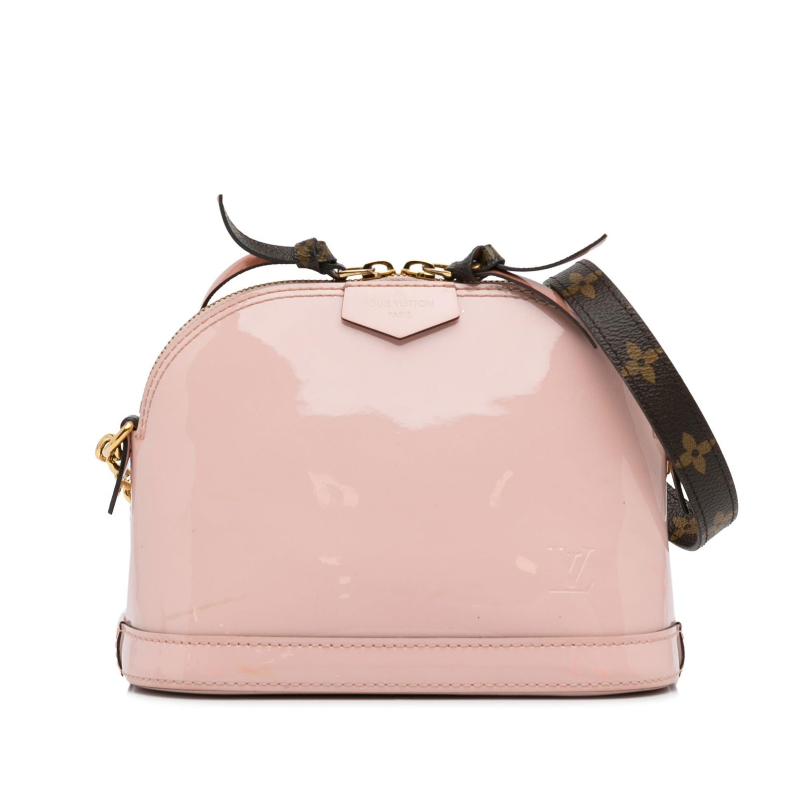 Louis Vuitton Monogram and Vernis Mini Alma Chain Crossbody: Louis Vuitton Monogram and Vernis Mini Alma Chain Crossbody Condition Quality: Exterior Front stained with Other. Exterior Back stained with Other. Exterior Bottom stained with Other. Exterior Side st