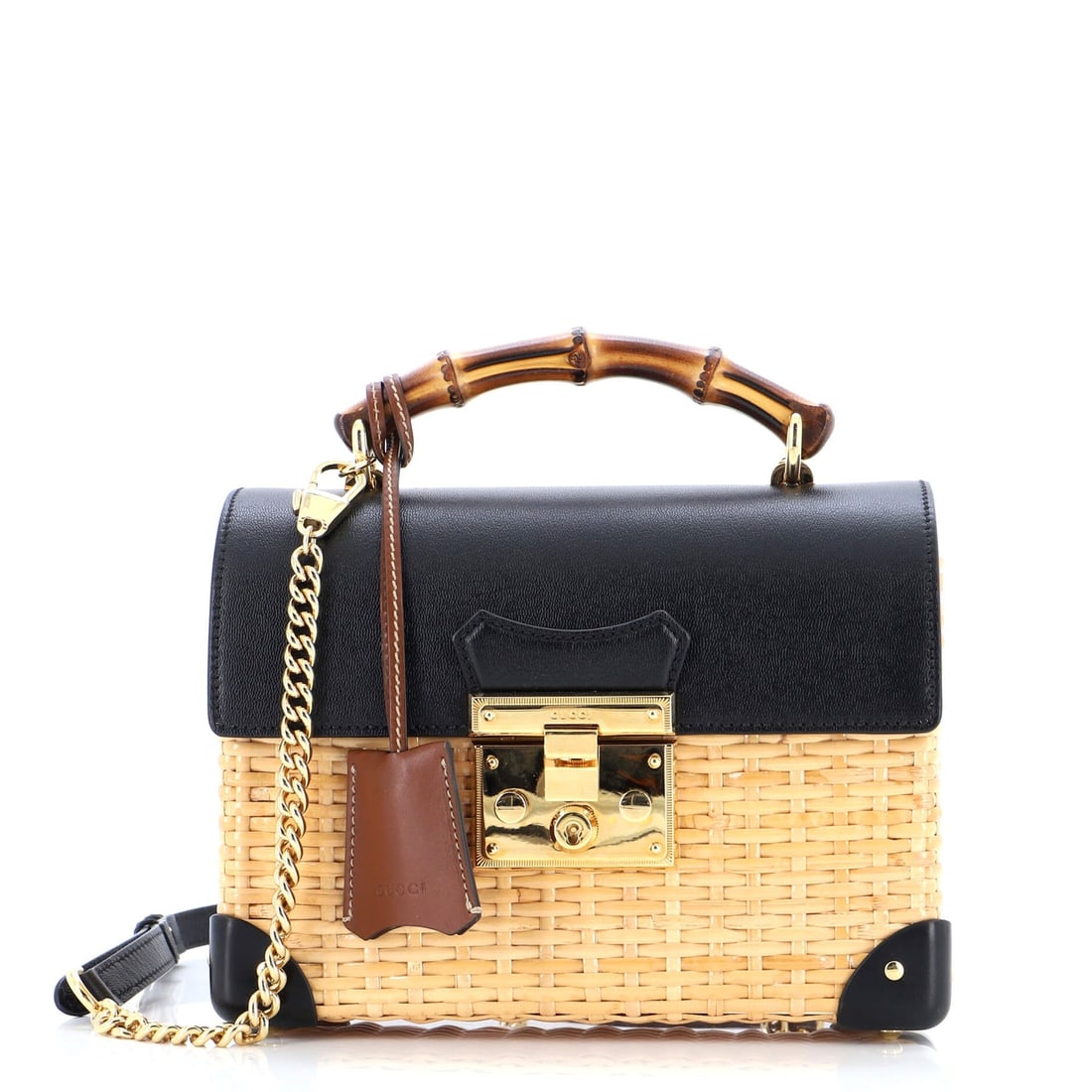 Gucci Padlock Bamboo Shoulder Bag Wicker with Leather Small: Gucci Padlock Bamboo Shoulder Bag Wicker with Leather Small Exterior Color: Black, Neutral Interior Color: Neutral Exterior Material: Leather, Wicker Interior Material: Fabric Hardware Color: Gold