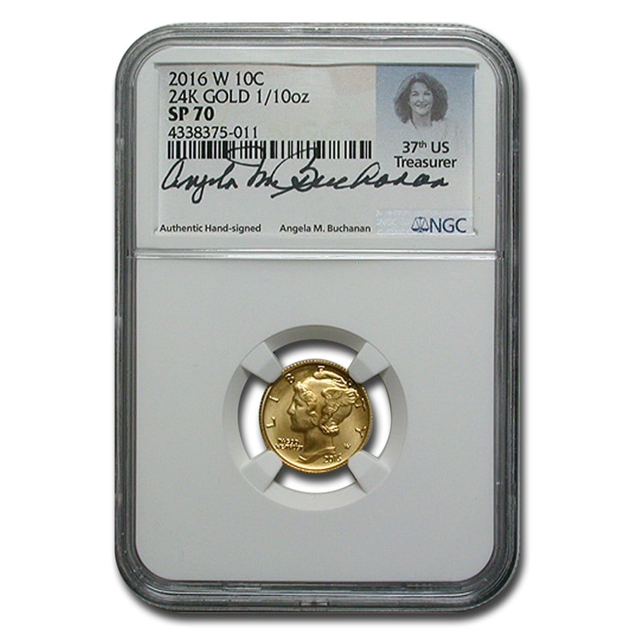 2016-W 1/10 oz Gold Mercury Dime SP-70 NGC (Buchanan): 2016-W 1/10 oz Gold Mercury Dime SP-70 NGC (Buchanan) Product ID: 290812 Year: 2016 Grade Service: NGC Denomination: 10 Cents Metal Content: 0.1 troy oz Purity: .9999 Thickness: 1.19 mm <
