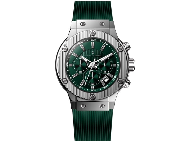 Christian Van Sant Mens Monarchy: Christian Van Sant Mens Monarchy Stainless steel case, Rubber Strap, Green dial, Quartz movement, Scratch resistant mineral, Water resistant up to 5 ATM - 50 meters - 165 feet SKU no: RBJ CV8143-39B2A