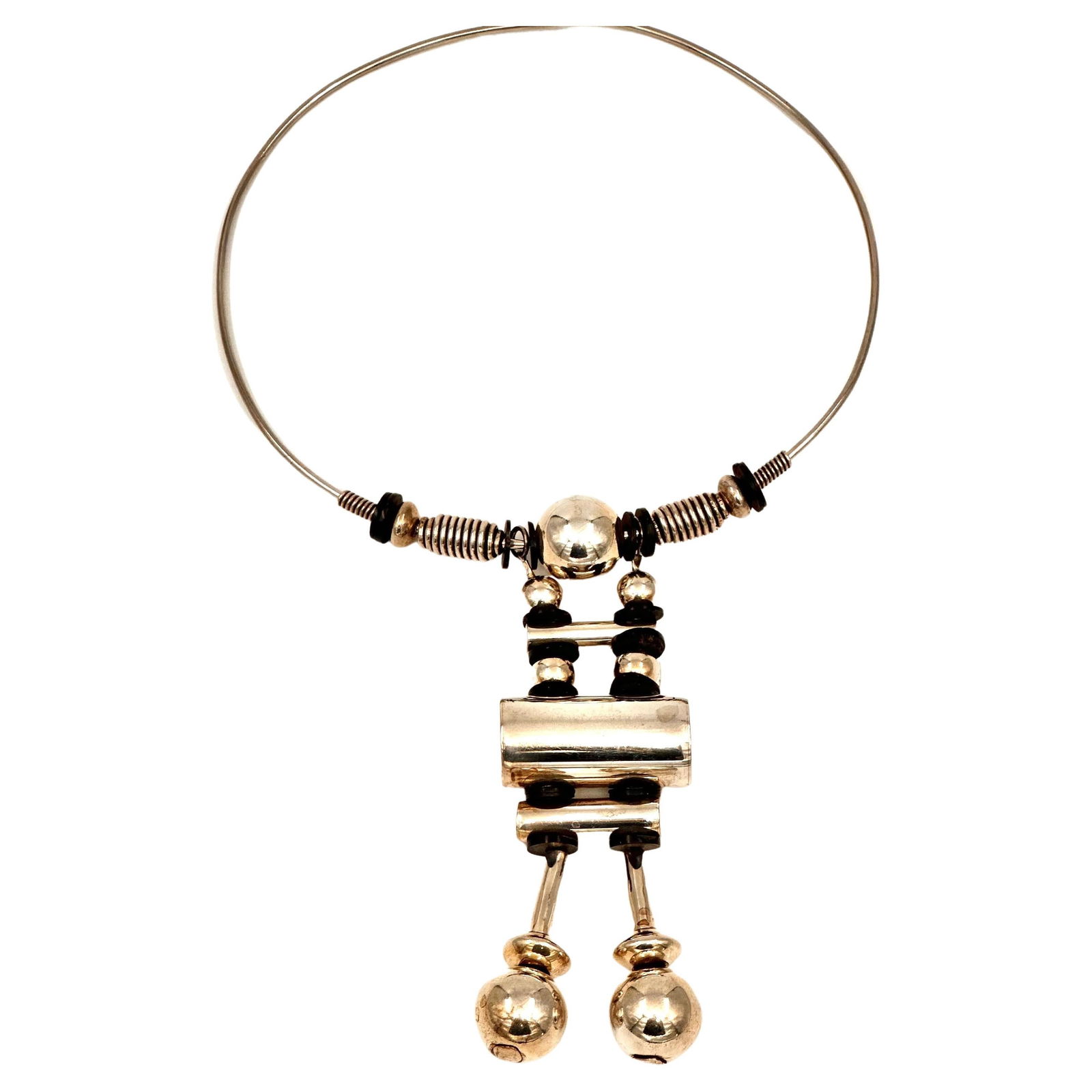 Robert Lee Morris Sterling Silver Percussion Pectoral on Wire Necklace: Robert Lee Morris Sterling Silver Percussion Pectoral on Wire Necklace Metal: Sterling Silver Weight: 2.9 oz Dimensions: Height: 8 in (203.2 mm) Width: 1.5 in (38.1 mm) Depth: 0.65 in (16.51 mm) Diame