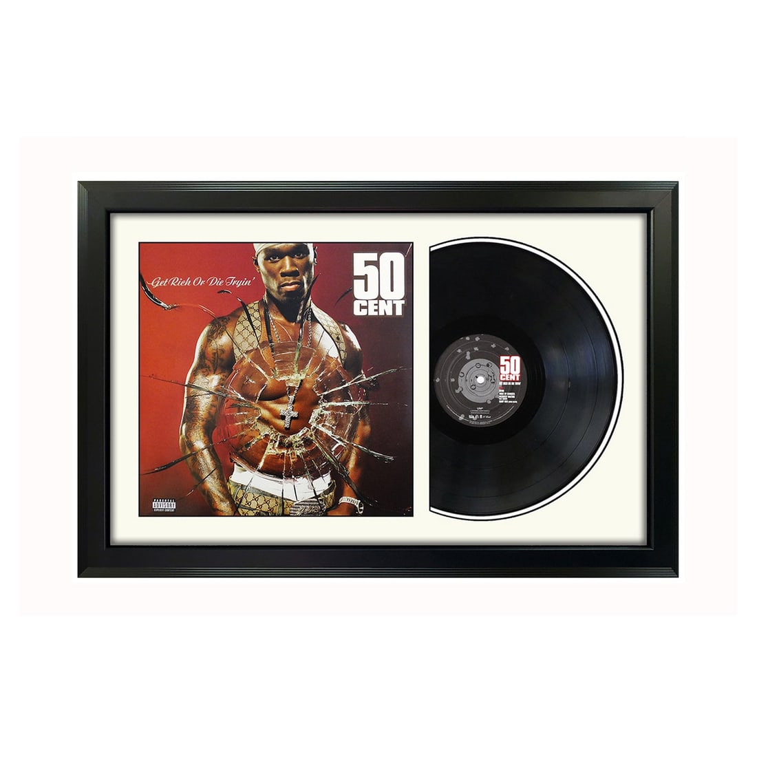 50 cent "get rich or die tryin" genuine vinyl record & cover professionally framed 17.5? x 26.5?: 50 cent "get rich or die tryin" genuine vinyl record & cover professionally framed 17.5? x 26.5? wall display with a white mat This unique original album and cover wall display is professionally and c