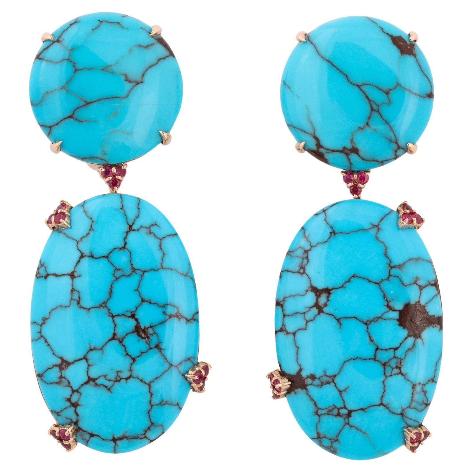 Michael Kanners Natural Turquoise and Ruby Rose Gold Drop Earrings: Michael Kanners Natural Turquoise and Ruby Rose Gold Drop Earrings Metal: 18k Gold, Rose Gold Stone: Ruby, Turquoise Stone Cut: Round Cut Dimensions: Width: 1.07 in (27.18 mm) Length: 3 in (76.2 mm) S