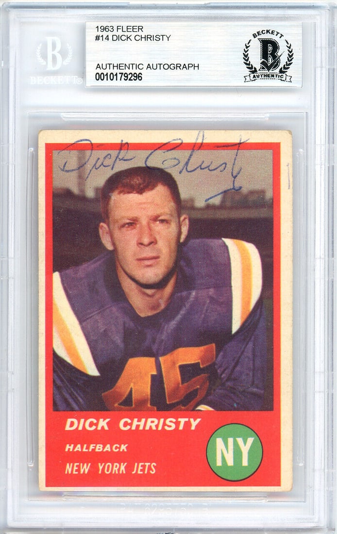 Dick Christy Autographed Signed Auto 1963: Dick Christy Autographed Signed Auto 1963 Dick Christy Autographed Signed Auto 1963 Fleer Card #14 Jets Beckett 10179296 SKU no: 7264041730136