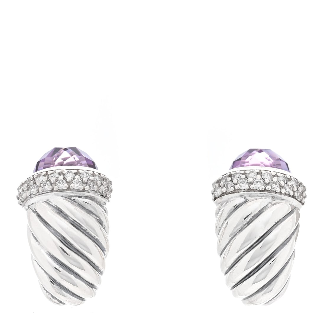 David Yurman Sterling Silver Amethyst Diamond Shrimp Earrings: David Yurman Sterling Silver Amethyst Diamond Shrimp Earrings This is an authentic?DAVID YURMAN Sterling Silver Amethyst Diamond Shrimp Earrings. The earrings are crafted of sterling silver and featur