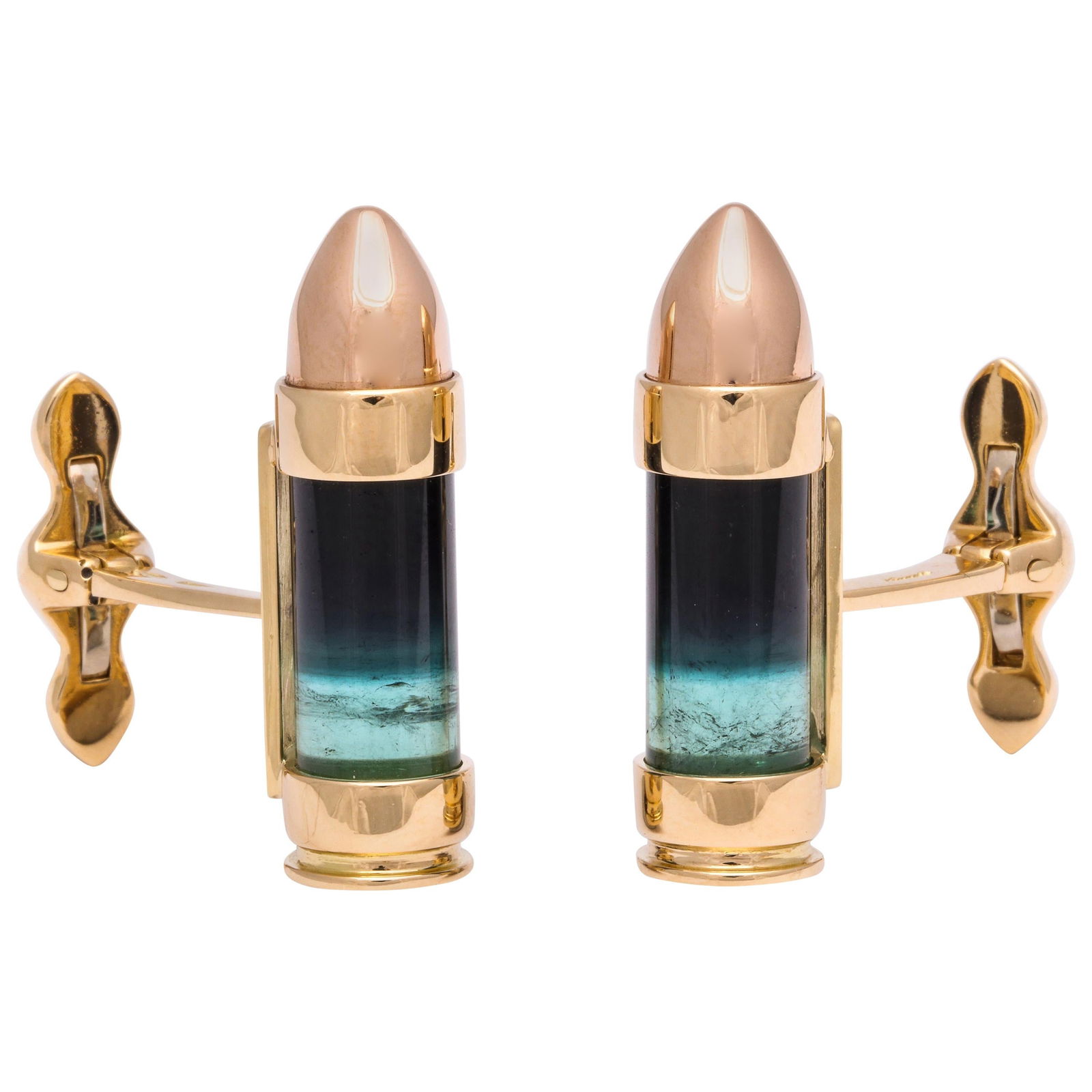 Michael Kanners Bi-Color Tourmaline Gold Bullet Cufflinks: Michael Kanners Bi-Color Tourmaline Gold Bullet Cufflinks Metal: Gold, 18k Gold Stone: Tourmaline Stone Cut: Tumbled Dimensions: Diameter: 0.36 in (9 mm) Length: 1.26 in (32 mm) Style: Modern Plac