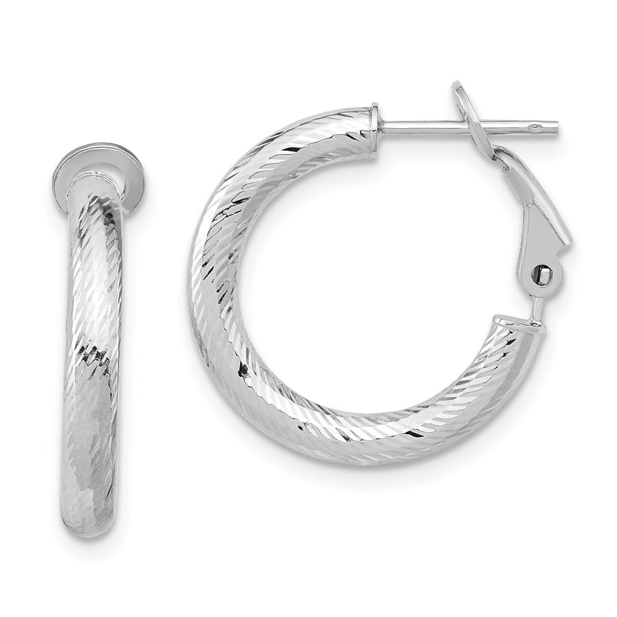 10K 3x15 White Gold D/C Omega Back: 10K 3x15 White Gold D/C Omega Back SKU no: RBJ222182 Metal: Gold Purity: 10K Finish: Polished Length Of Item: 21.65 mm Earring Closure: Omega Clip Back Earring Type: Hoop
