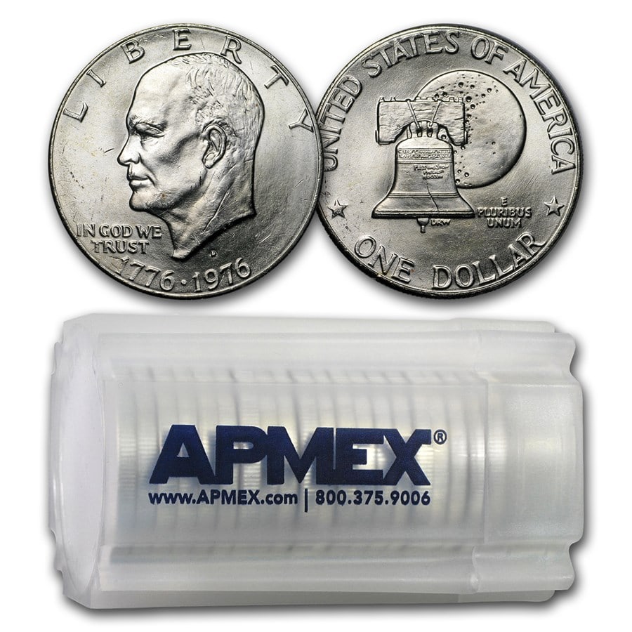 1976-D Clad Eisenhower Dollars 20-Coin Roll BU: 1976-D Clad Eisenhower Dollars 20-Coin Roll BU SKU no: RBJ9594 Year: 1976 Grade: Brilliant Unc Grade Service: None Denomination: $1.00 Mint Mark: D - Denver Metal Content: 0 troy oz <