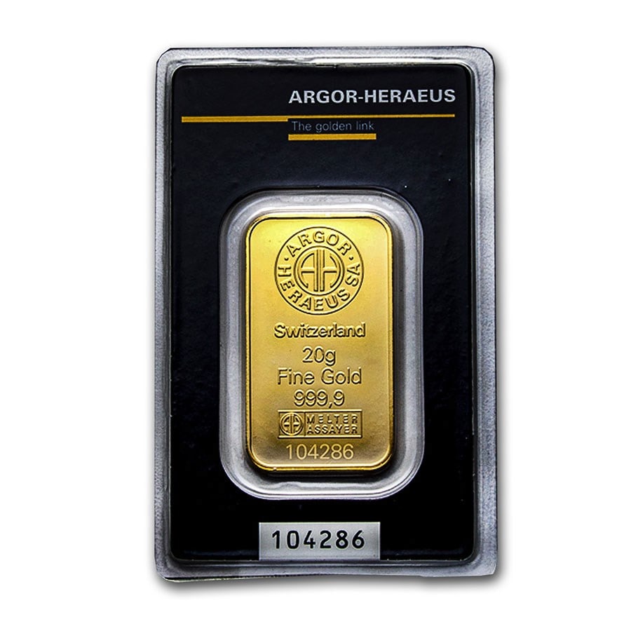 20 gram Gold Bar - Argor-Heraeus KineBar: 20 gram Gold Bar - Argor-Heraeus KineBar SKU no: RBJ216325 Year: N/A Grade: None Grade Service: None Mint Mark: N/A - Not Available Metal Content: 0.643 troy oz Purity: .9999 Dia