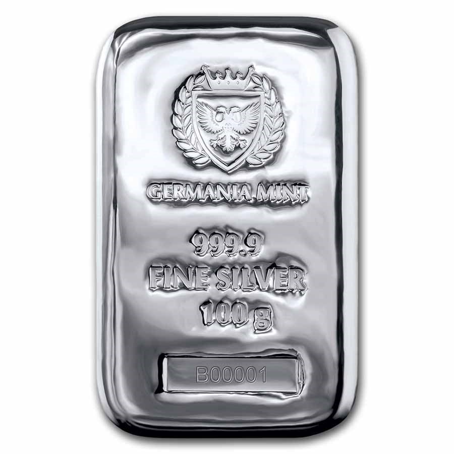 100 gram Silver Bar - Germania Mint: 100 gram Silver Bar - Germania Mint SKU no: RBJ236215 Year: N/A Grade: None Grade Service: None Mint Mark: N/A - Not Available Metal Content: 3.215 troy oz Purity: .9999 Thicknes