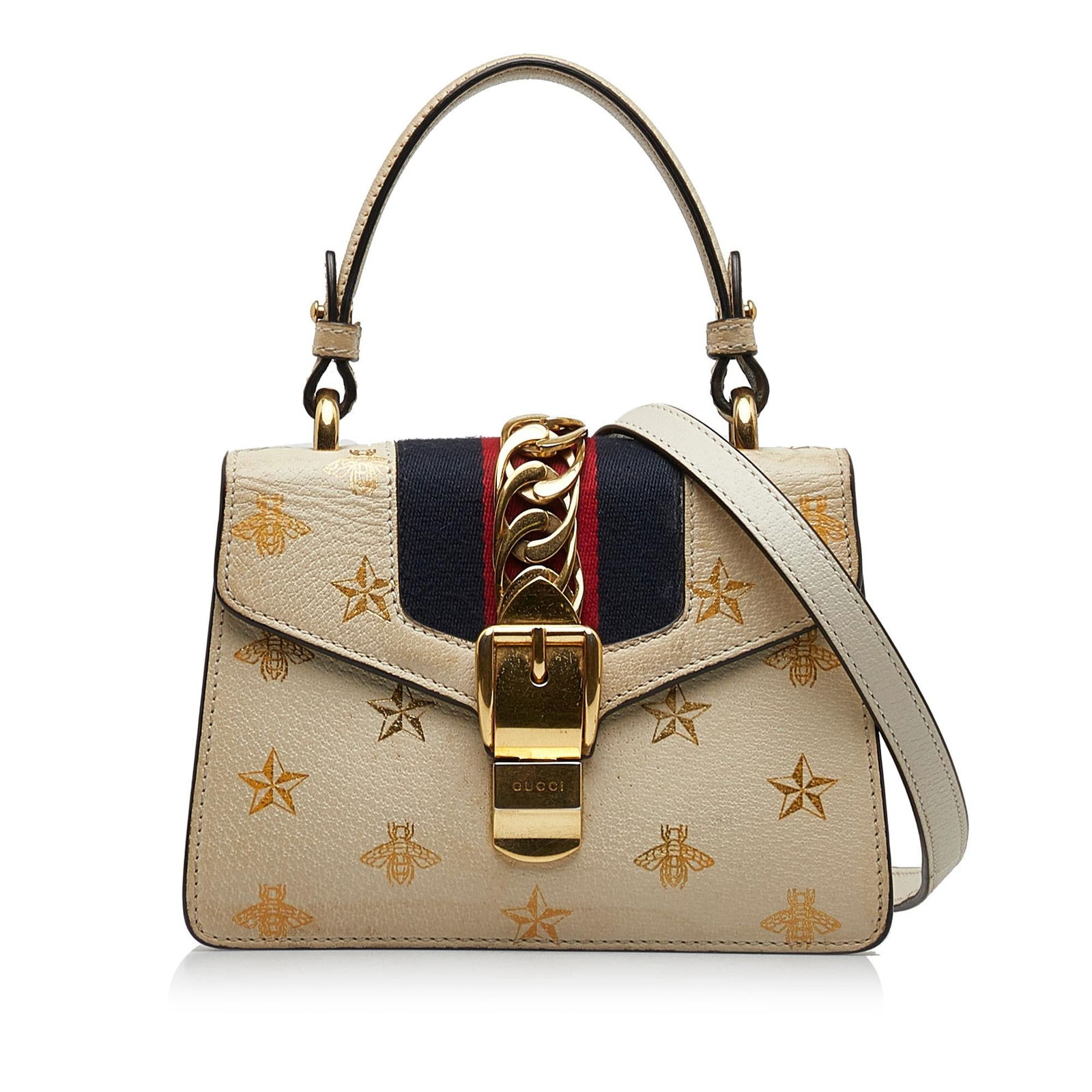 Gucci Mini Sylvie Bee Star Top Handle Bag: Gucci Mini Sylvie Bee Star Top Handle Bag Condition Quality: Exterior Front stained with Other. Exterior Back Worn. Exterior Back stained with Other. Exterior Bottom stained with Other. Exterior Handl
