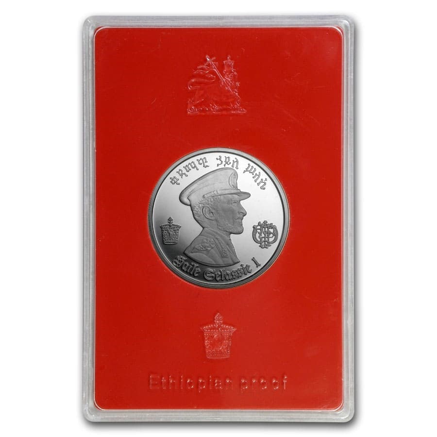 1972 Ethiopia Silver 5 Dollar Proof (ASW .803): 1972 Ethiopia Silver 5 Dollar Proof (ASW .803) SKU no: RBJ 34928 Year: 1972 Grade: Proof Grade Service: None Denomination: 5 Dollars Mint Mark: Not Shown Metal Content: 0.803 troy oz